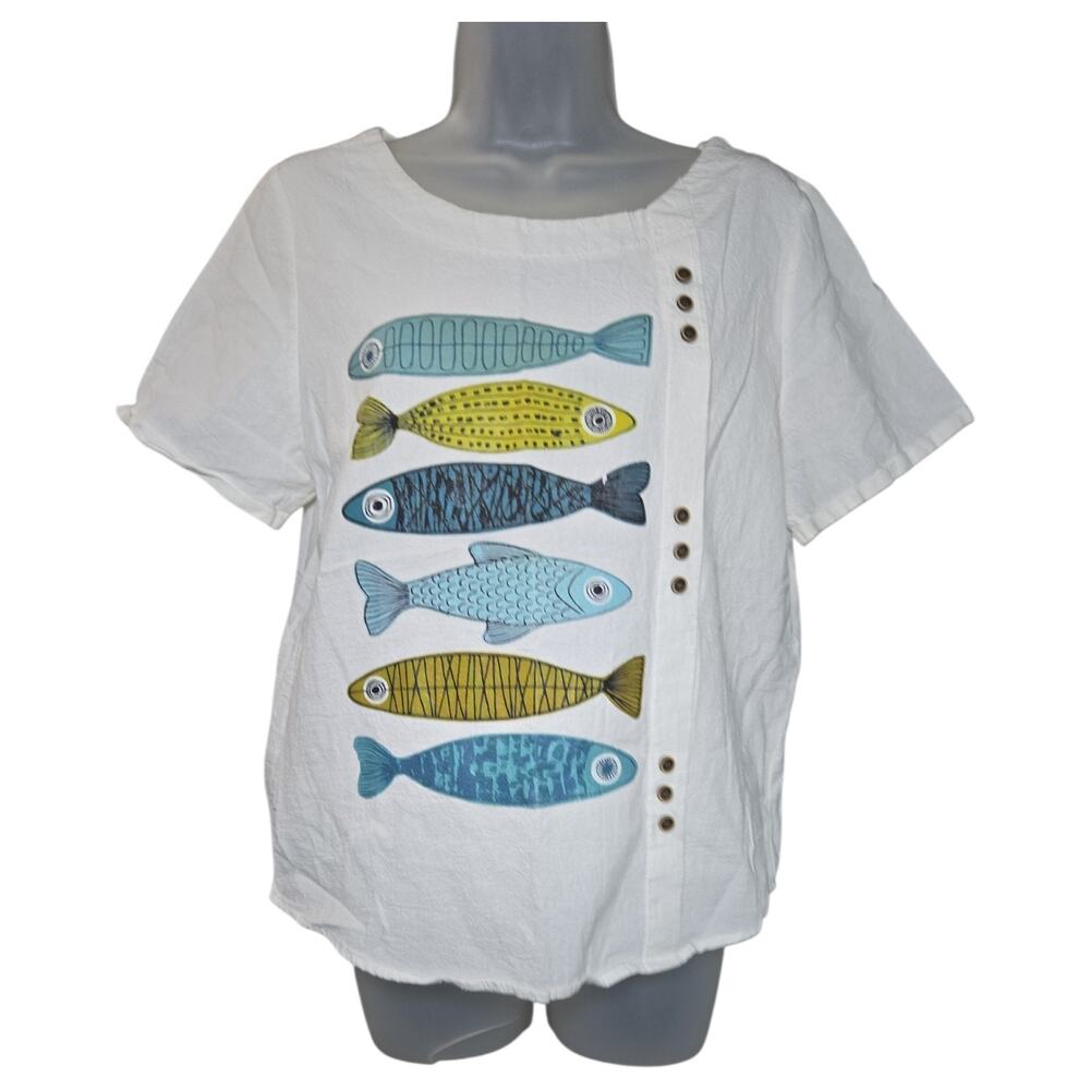 Misslook Wom LG White Short Sleeve Fish Print Novelty Fun Whimsical Spring Top